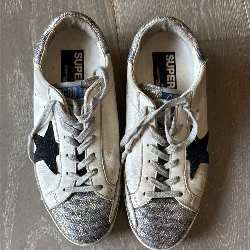 Golden Goose White and Silver Distressed Sneakers